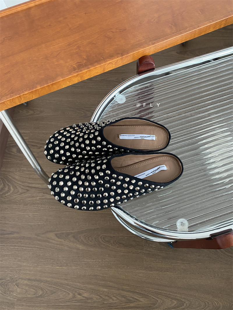 Women Summer Punk Metal Rivet Charms Black PU Mules Outdoor Platform Modern Slippers Casual Shoes For Female 7f1