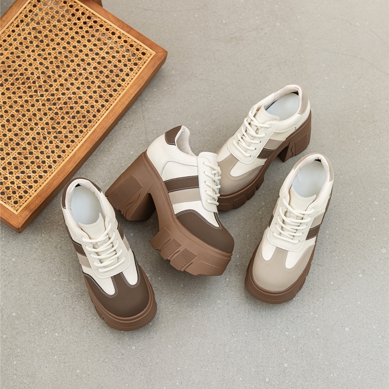 AIYUQI Women High Heels 2024 New Spring Genuine Leather Women Shoes Lace-up 11 Cm Height Color Matching Women Casual Shoes