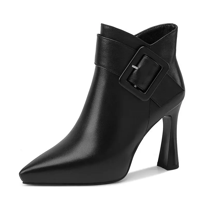 Sexy Pointed Toe Black High Heel Spring Winter PU Leather Zip Design for Women Elegant Belt Buckle Ankle Boots