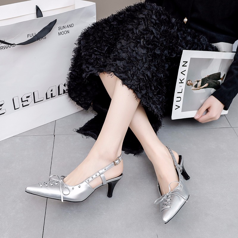 bow-wrapped Strap sandals 2024 summer new temperament pointed head after empty low heel shoes stiletto high heels women 62f0 s