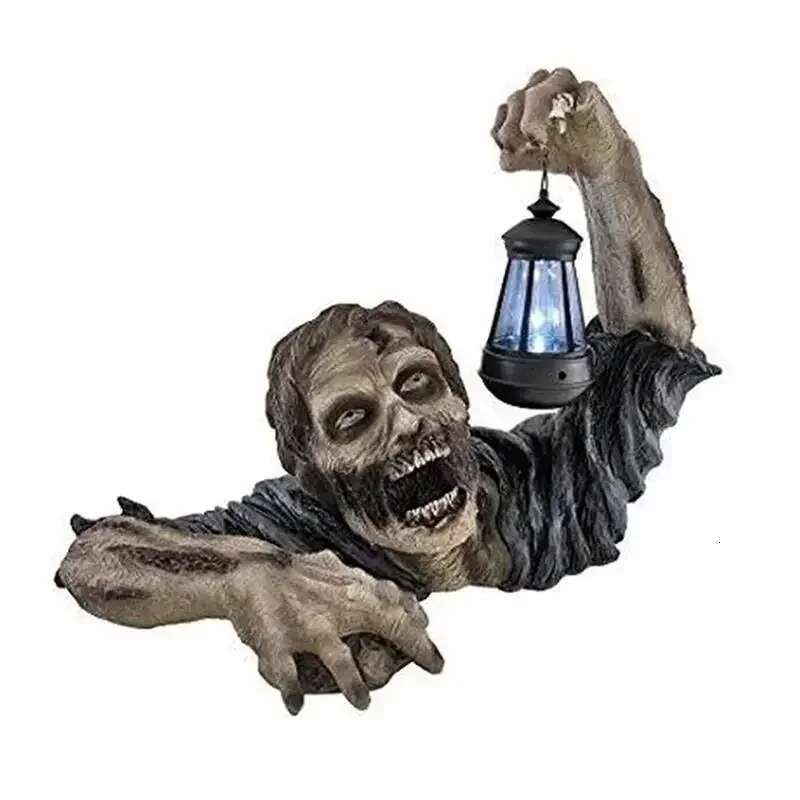 1pc Halloween Crawg Horror Decor, Scary Led Lights Zombie Holding Lantern Outdoor Figurine Light