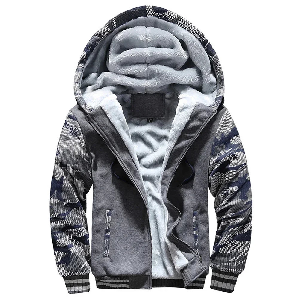 Mens Winter Warm Zipper Jacket Mens Thick Wool Jacket Camouflage Zipper Hoodie Solid Color Street Clothing Outdoor Hoodie 240902