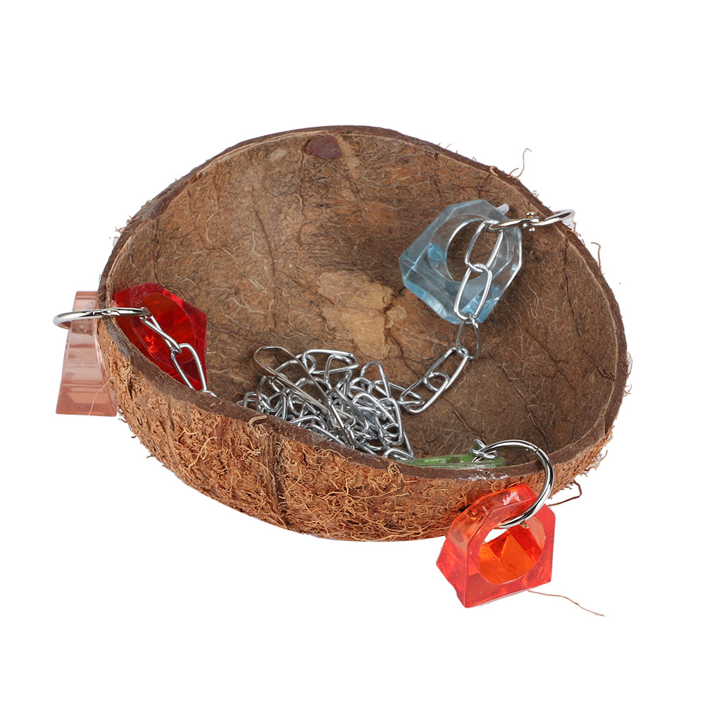 Pet Birds Toy Squirrel Coconut Shell Hanging Basket Sling With Acrylic Rings For Parrot Hammock