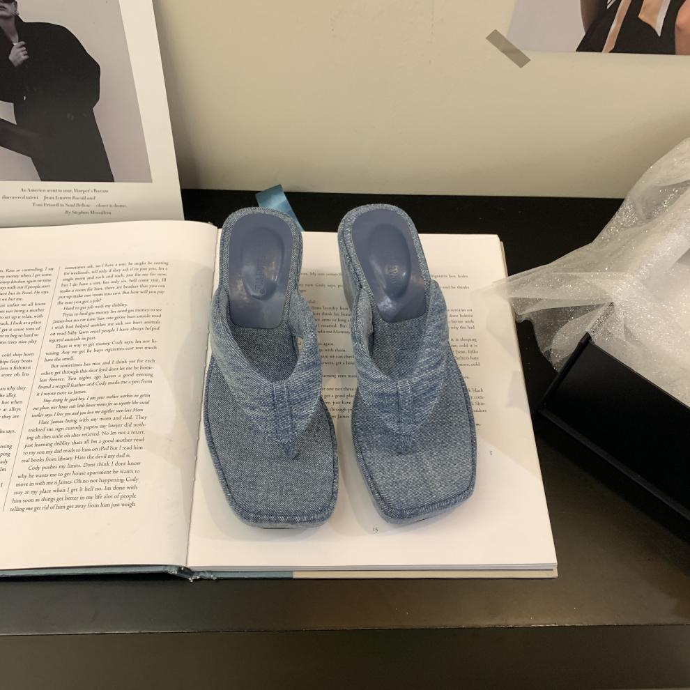 Jeans Denim Thick Soled Platform Flip ps For Women Square Toe Slippers Females New Slides Fashion Trend Summer Shoes