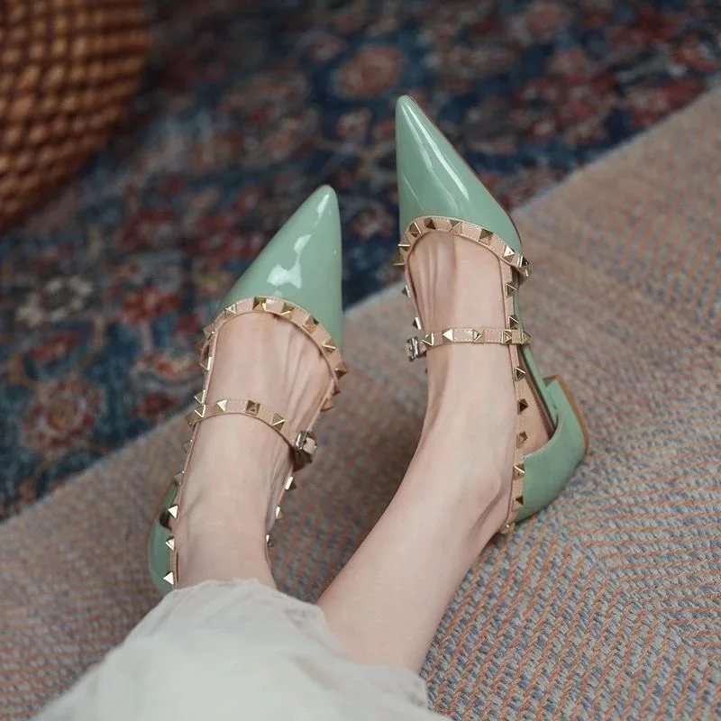 Ankle Strap Cut Out D'orsy Studded Rockstud Patent Leather Rivet Flats T-Strap Buckle Walking Soft Women Shoes Travel Size 35-40
