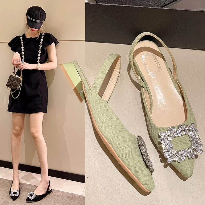 Beige Heeled Sandals Clear Shoes 2024 Women's Black Rhie Medium Pointed Closed New Spring Gladiator Block Girls 9542