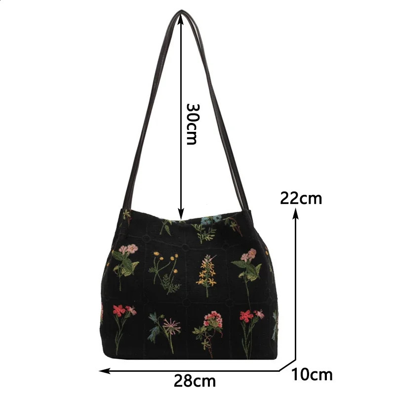 Largecapacity Embroidered Tote Bag Women Summer Trendy Cloth Niche Embroidery Shoulder Texture Bucket Bags Canvas 240903