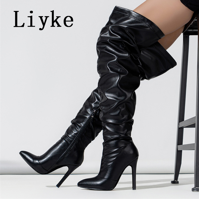 Liyke Autumn Winter Thigh High Over The Knee Boots Women Cozy Pleated Leather Pointed Toe Stiletto Heels Zip Motorcycle Shoes