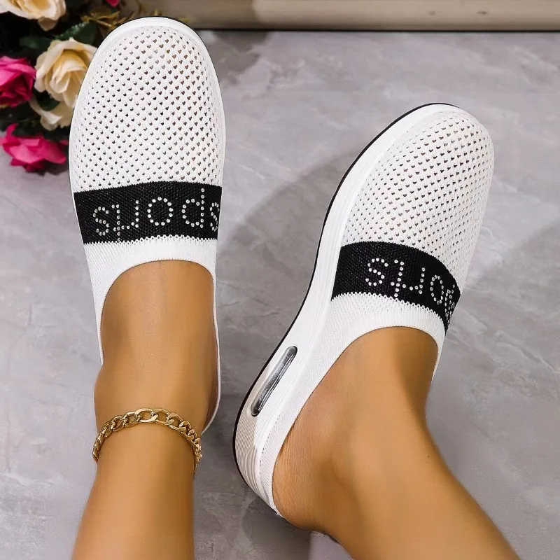 2024 New Women Mesh Flat Shoes Half Thick Bottem Slip on Casual New Sandals Breathable Slides Slippers d574 pers