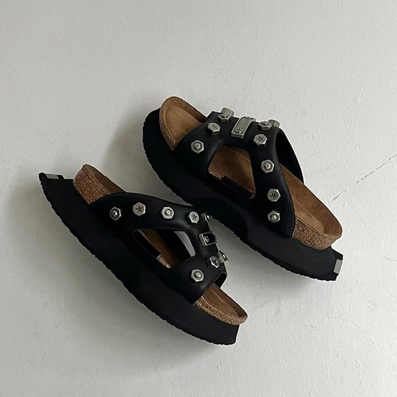 Rock Punk Summer Women Rivets Platform Leather Mules Creative Metal Fittings Slippers Female Casual Sandals Shoe Slides ddcd