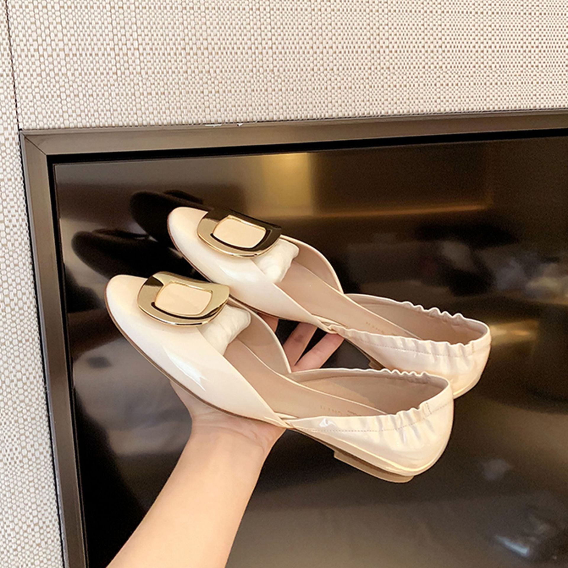 Elegant Ladies D'orsay Shoes Elastic Pleated Cover Heels Flats Women Traf Pointed Toe Ballets Soft Soled Roll-Up Moccasins Mujer