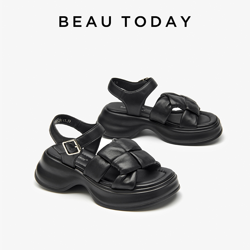 BEAUTODAY Sandals Women Genuine Cow Leather Thick Sole Solid Color Open-Toe Back Strap 2024 Summer Ladies Shoes Handmade 38237