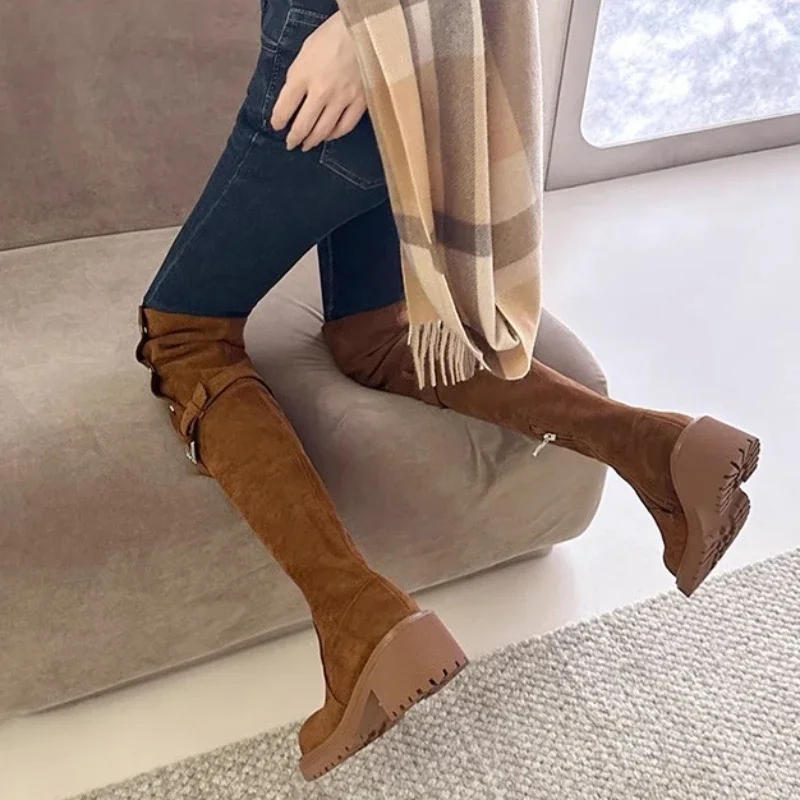 Women Platform Shoes Flat Fur Warm Chelsea Boots New Fashion Suede Over The Knee Boots Short Plush Cotton High Botas 2024