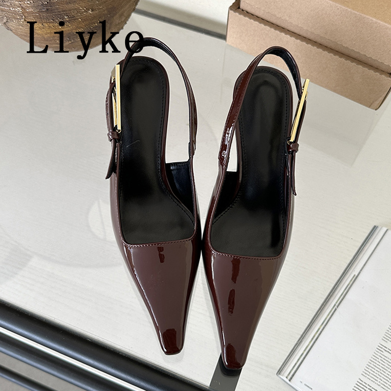 Liyke Designer Narrow Band Buckle Strap Pumps Women Sexy Pointed Toe Thin Heels Wedding Banquet Dress Mule Ladies Shoes Sandals