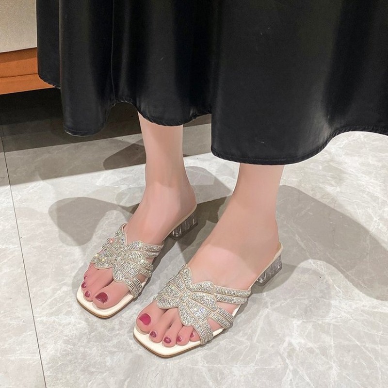 Italian with Rhinestone Shoes for Women 2024 Designer Low Heels SlipOn Party Pumps Sandals