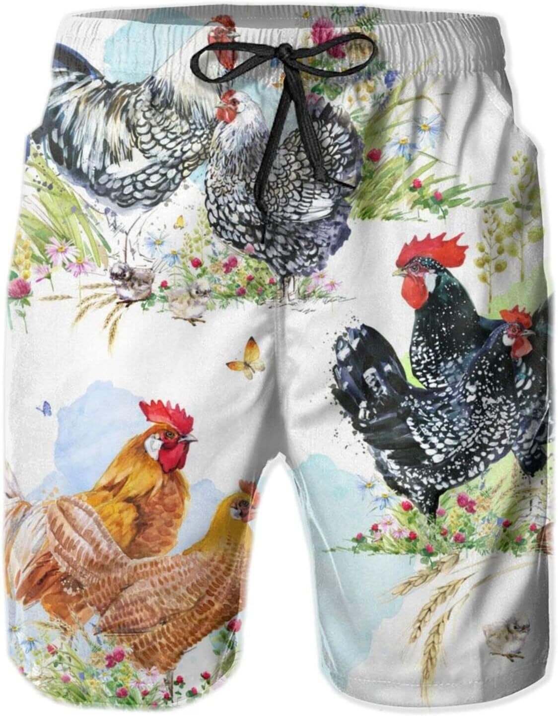 Mens Shorts 3D Printed Pattern Chicken In The Garden Swim Trunks Quick Dry Print Beach Board Swimwear