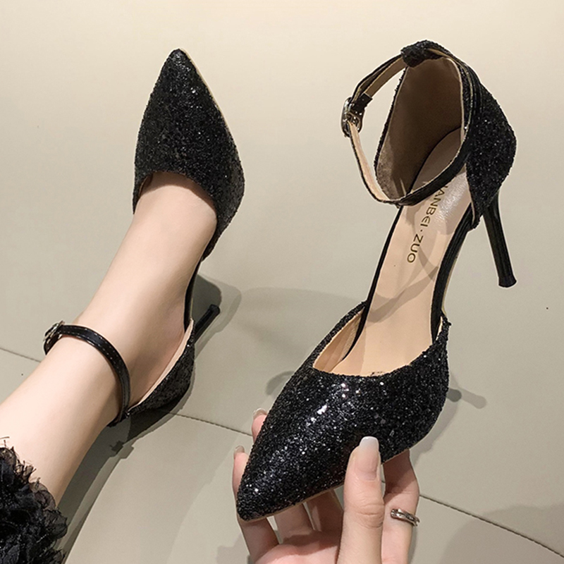 Heels High Wedding Bride Shoes New Quality 2024 Ankle Buckle Stiletto Heel Women Sier Sequins Pointed Toe Pumps Ladies 9E25