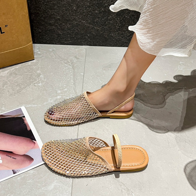 headed Round niche fish mesh hollow ballet shoes for women's summer new fashionable flat bottomed belt buckle sandals e84c eee