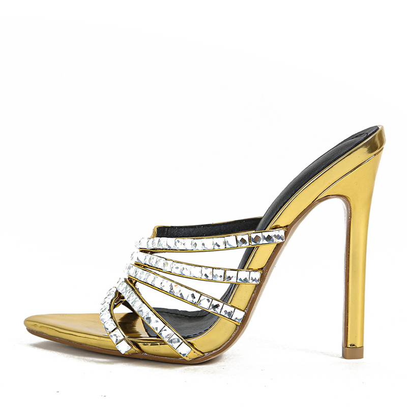 Summer Liyke Fashion New Golden High Heels Modern Slippers For Women Crystal Rhie Narrow Band Sandal Female Party Prom Shoes 3968
