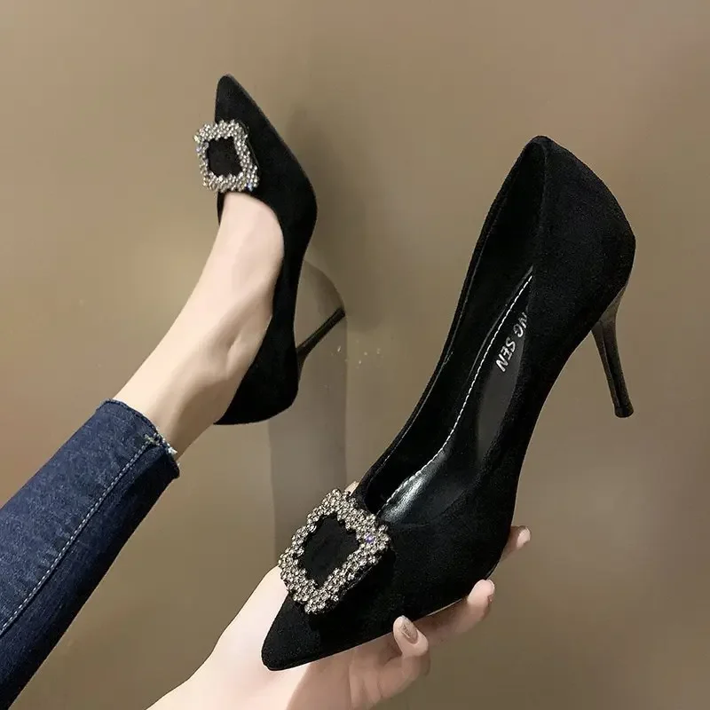 New Women Mid Sandals Black Square Buckle Pointed Thin Baotou Banquet High Heeled Womens Shoes Tacones Mujer 8ca8 s