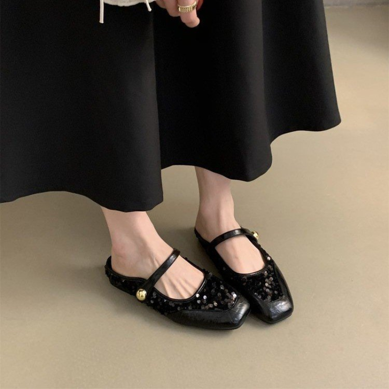 Mules Women Crystal Slippers Summer Fashion Sgback Dress Walking Flip ps Outdoor Designer Flats Mary Jane Square Toe Shoes d9b4