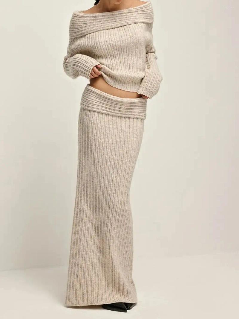Work Dresses Off Shoulder Warm Sweater Co-ords Maxi Skirt Set Grey Melange A Line Long Sleeve Bandage Top Party Dress