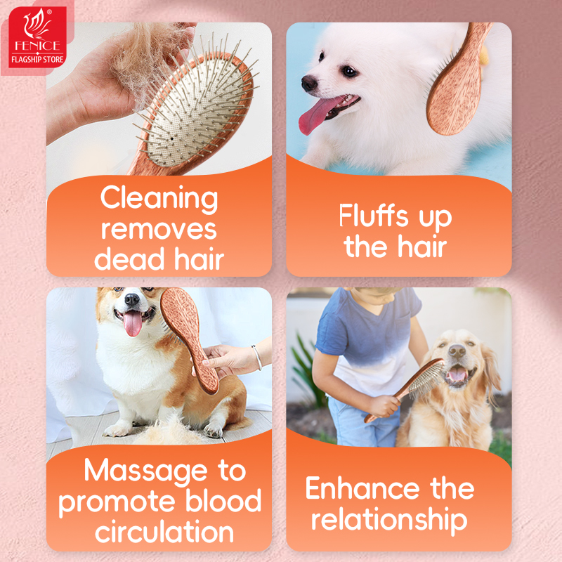 Fenice Pet Comb Solid Wood Handle in Cat Dog Hair Remover Brush Fur Combs Grooming Tool For Pet Cleaning Supplies Accessories