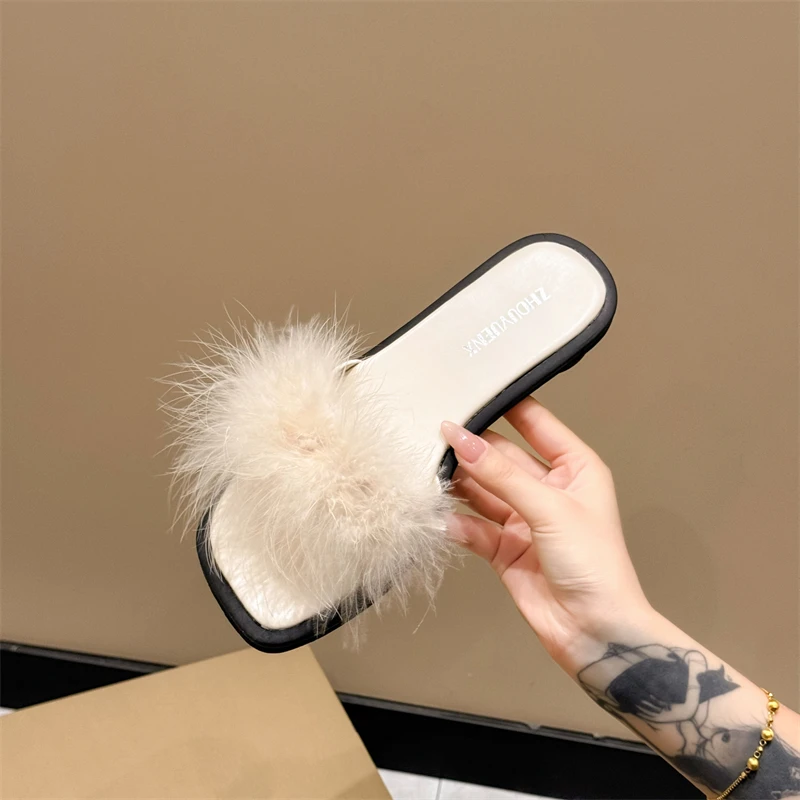 Fluffy Summer Ostrich Feather Slides Women Sandals Flip ps Indoor Slippers Flat Shoes 508d