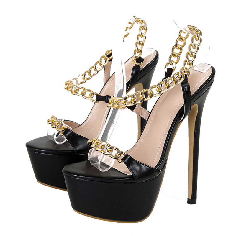 Summer 16CM Stiletto Sandals Women Sexy Thick Bottom Open Toe Metal Chain Back Strap Designer Shoes Platform High Heels