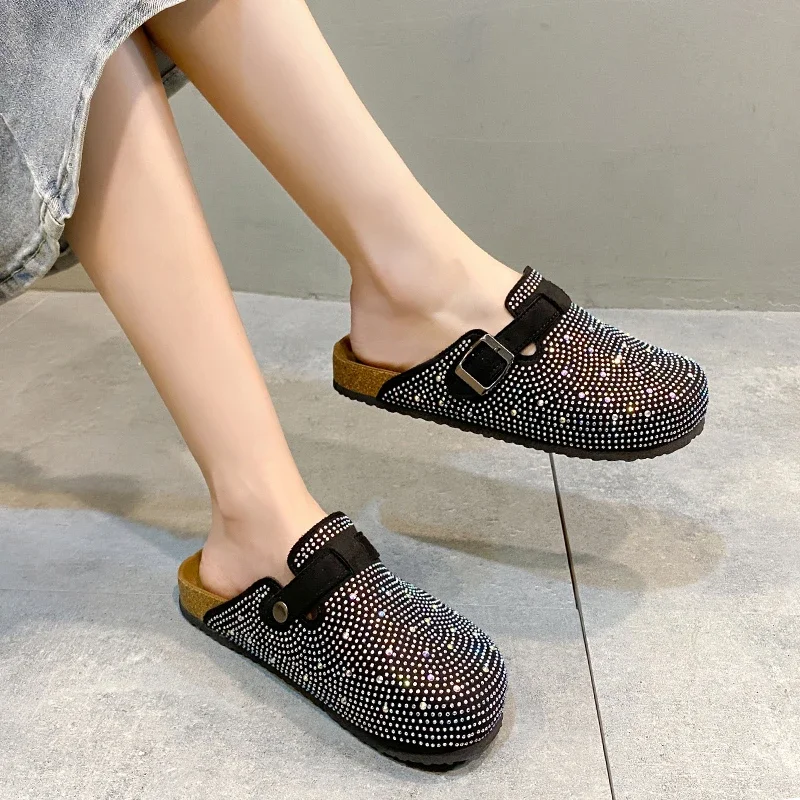 Shiny Outdoor Rhies Slippers Women's Shoes 2024 Summer Trend Platform Sandals Black Buckle Cork Clog Mules 2410