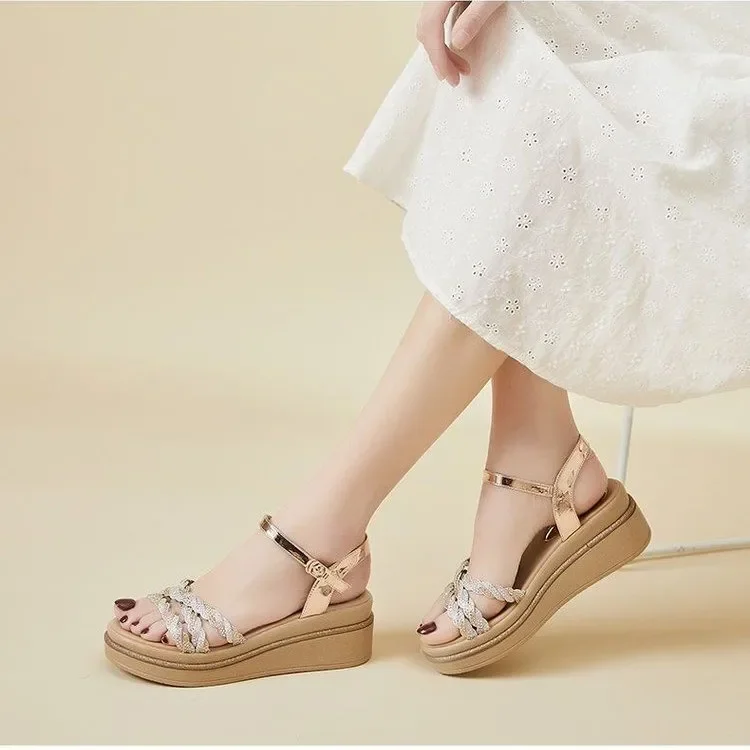 Women's 2024 Open Toe Gold Rhie Female Summer Fashion Thick Bottom Slope New with Ladies Sandals Women Shoes 791e