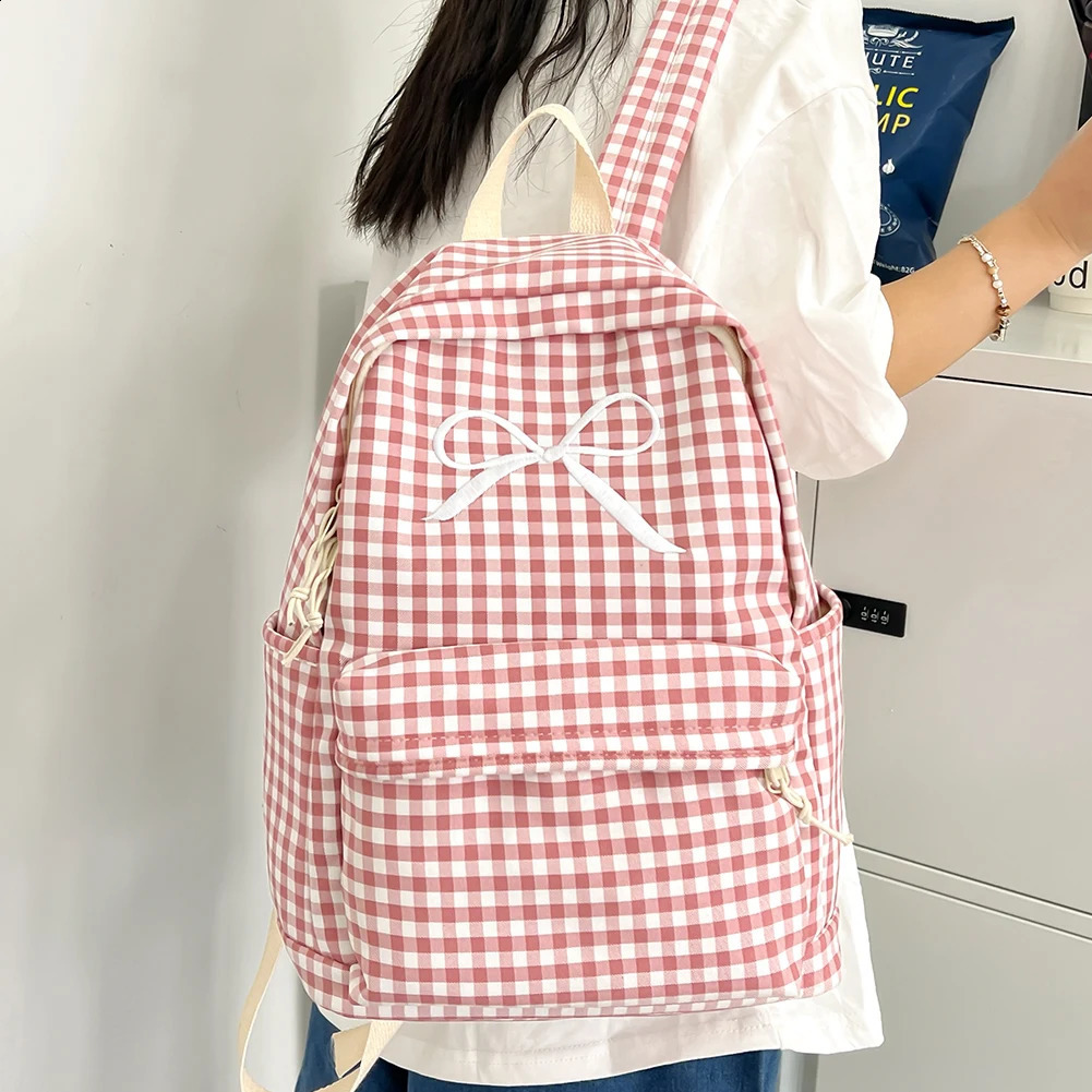 Cute bow plain aesthetic backpack lightweight school nylon student 240903