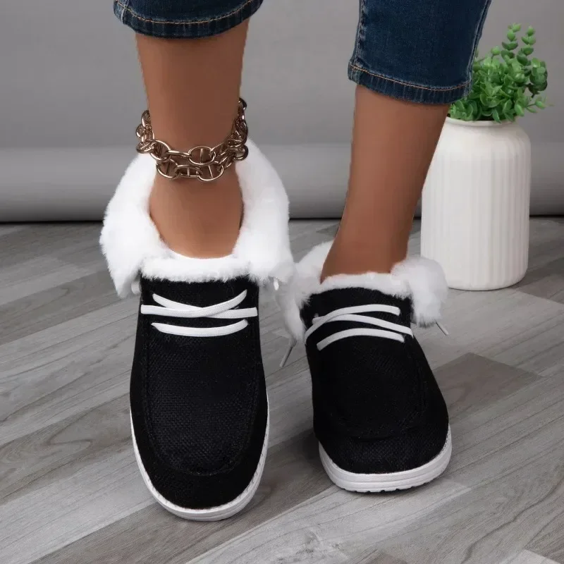 Lace Women's Up Flats Slip-on Ladies Elegant New Winter with Fur Plush Flat Loafers Casual Warm Cotton Shoes 5563