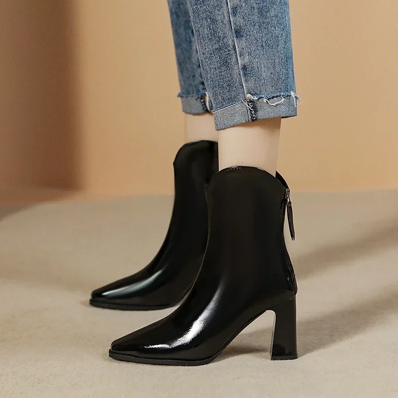 Heel Thick Pointed Women Ankle Boots Patent Leather High Quality Single Shoe Design Autumn New British Style Women's Shoes 6fc2 's s