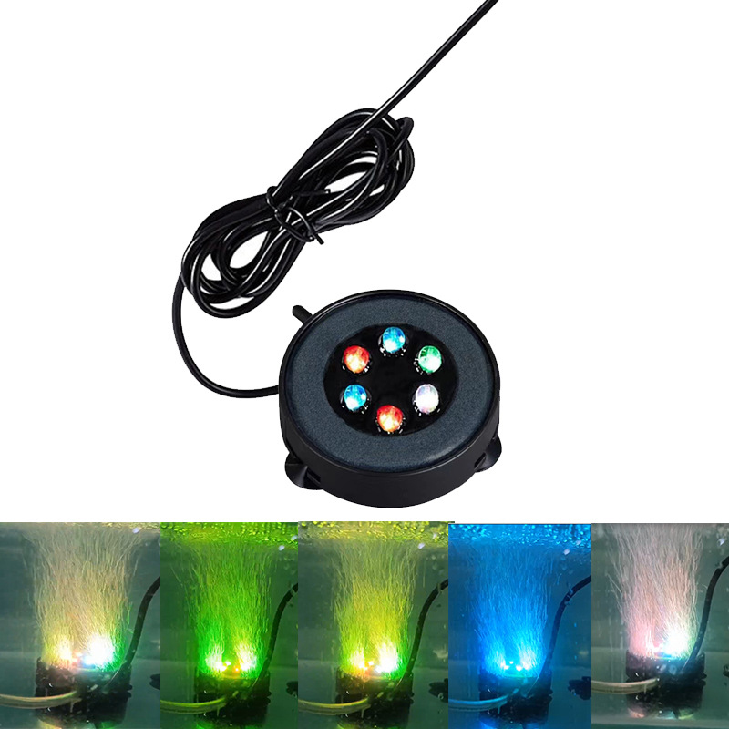 Aquarium Air Bubble Light 6 LEDs Underwater Round Fish Tank Stone Bubbler Submersible Aquarium Bubble Lamp Color Changing Light