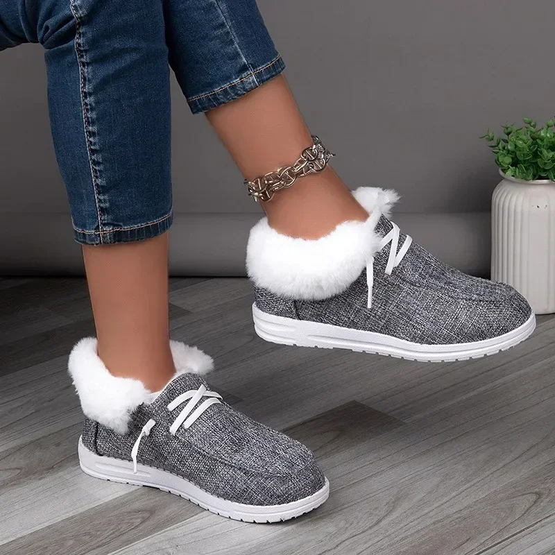 Lace Women's Up Flats Slip-on Ladies Elegant New Winter with Fur Plush Flat Loafers Casual Warm Cotton Shoes 5563