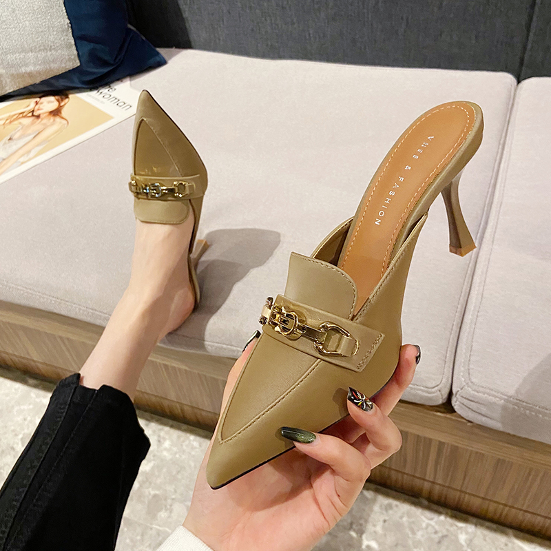 New Snake Print Woman Pumps Slipper Fashion Gold Chain Sandal Shoes Ladies Pointed Toe Slip on Mules Thin Low Heels Slides