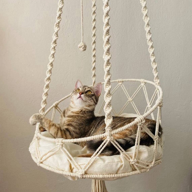 Pet Cat Hammock Swing Bed Bohemian Handwoven Tapestry Cotton Macrame for Home Outdoor Wall Hanging Without Cushion