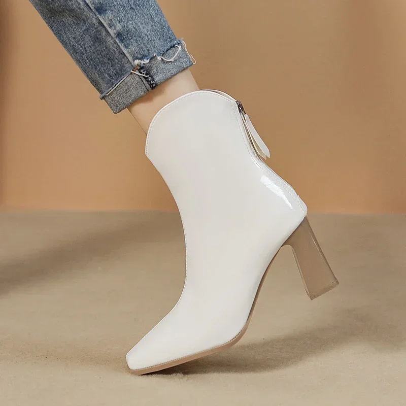Heel Thick Pointed Women Ankle Boots Patent Leather High Quality Single Shoe Design Autumn New British Style Women's Shoes 6fc2 's s