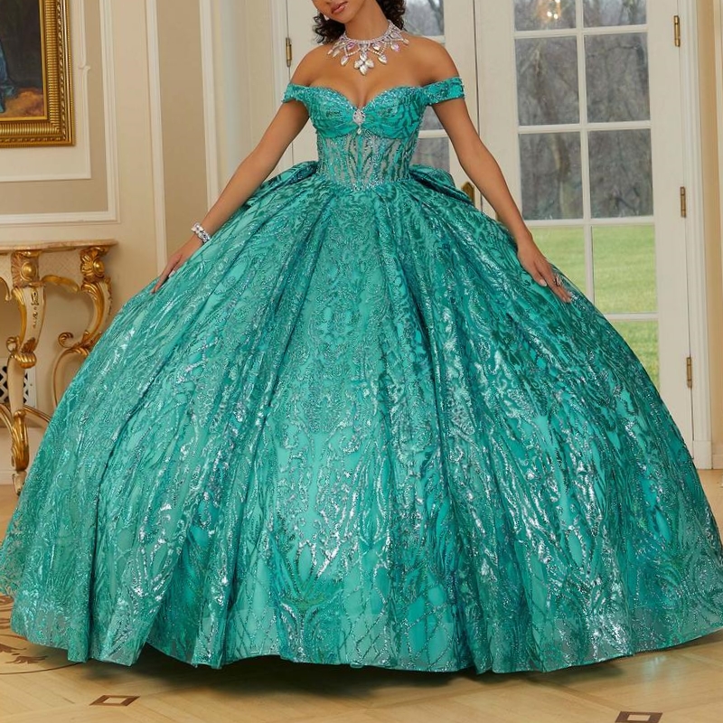 Mint Green Shiny Quinceanera Dresses Off The Shoulder Princess Beads Crystal Bow Tull Sweet 16 Birthday Party Gown Vestido De 15 Anos