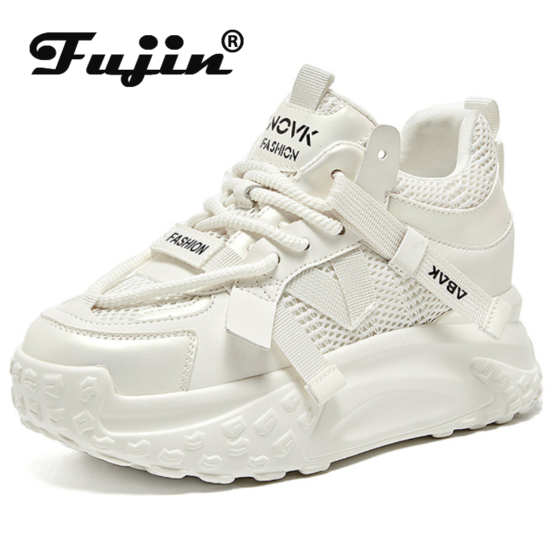 Fujin 7.5cm Air Mesh Genuine Leather Women Summer Shoes Platform Wedge Comfy Breathable Sneakers Chunky Hollow Women Fashion