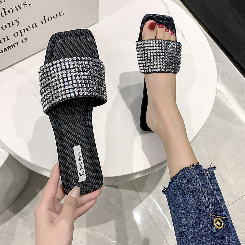 shiny designer crystal slippers women flat heel outdoor slides summer shoes bg sandalias open toe glitter flip ps afcd
