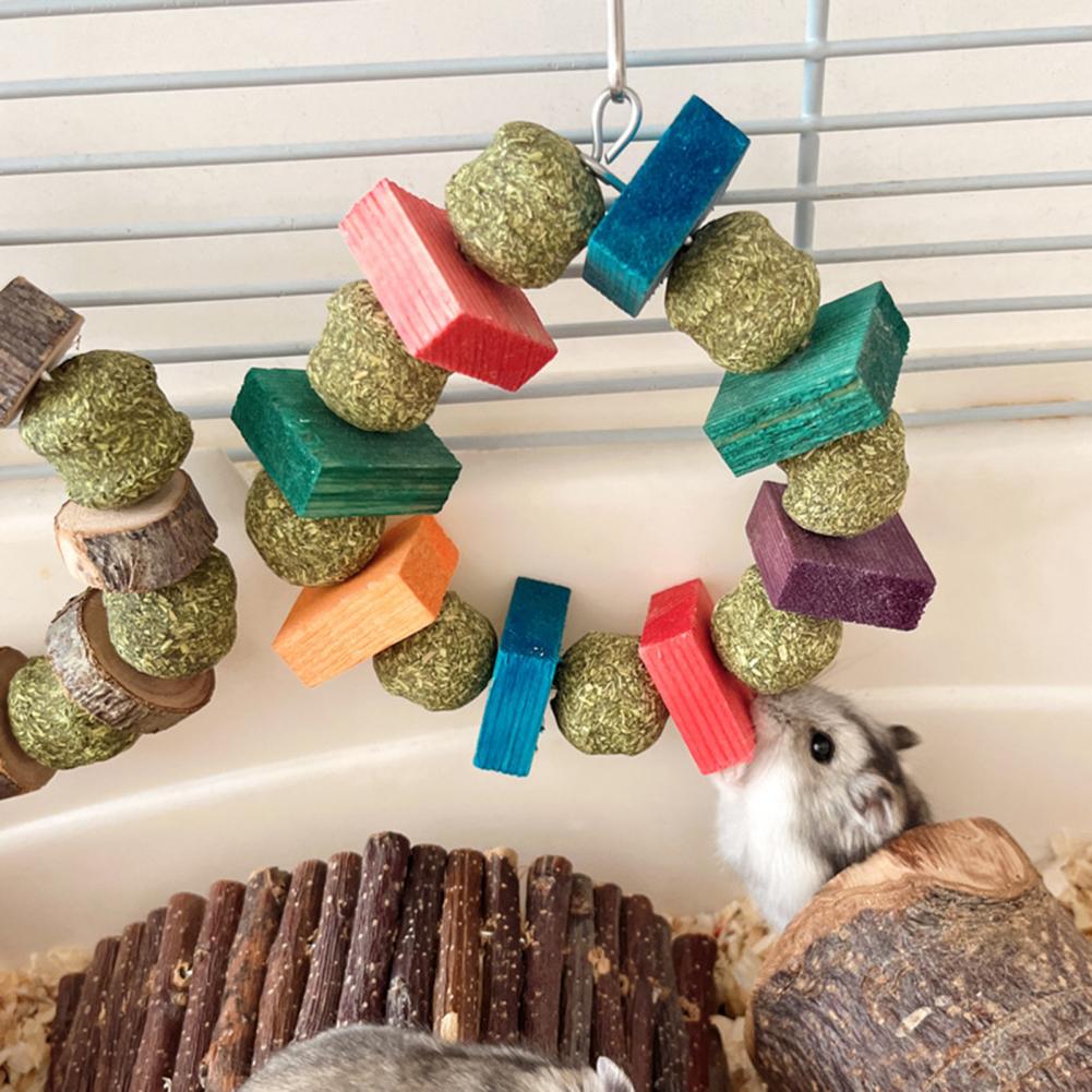 Hamster Chew Toy with Hanging Hook Natural Wood Grass Ball Rabbit Chinchilla Guinea Pig Gerbil Pet Bite Toy Decor Ring Small Ani