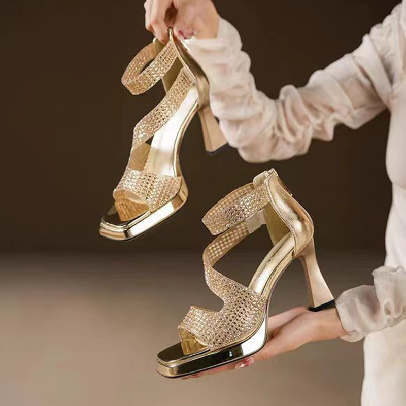 2025 new Fashion Platform Sandals Summer New Open-toe Chunky Rhinester Waterproof Table Back Zipper Quality High Heels db89