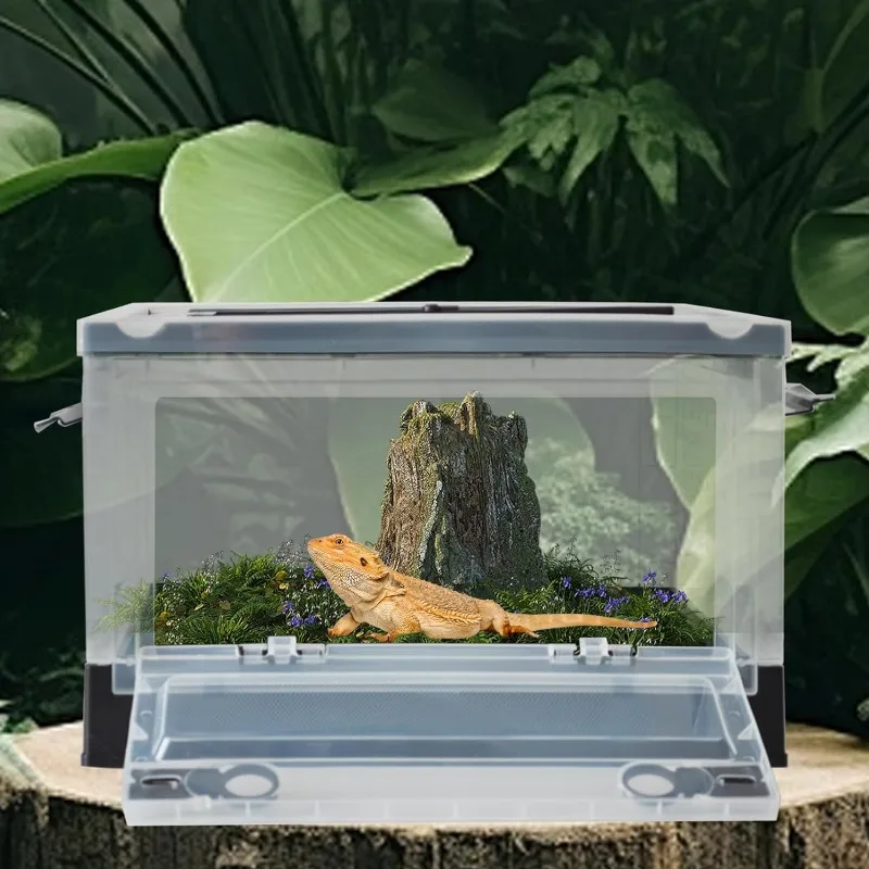 Plastic Reptile Feeding Box Portable Transport Container Reptiles Breeding Enclosure Cages Transparent Amphibians Habitat Box