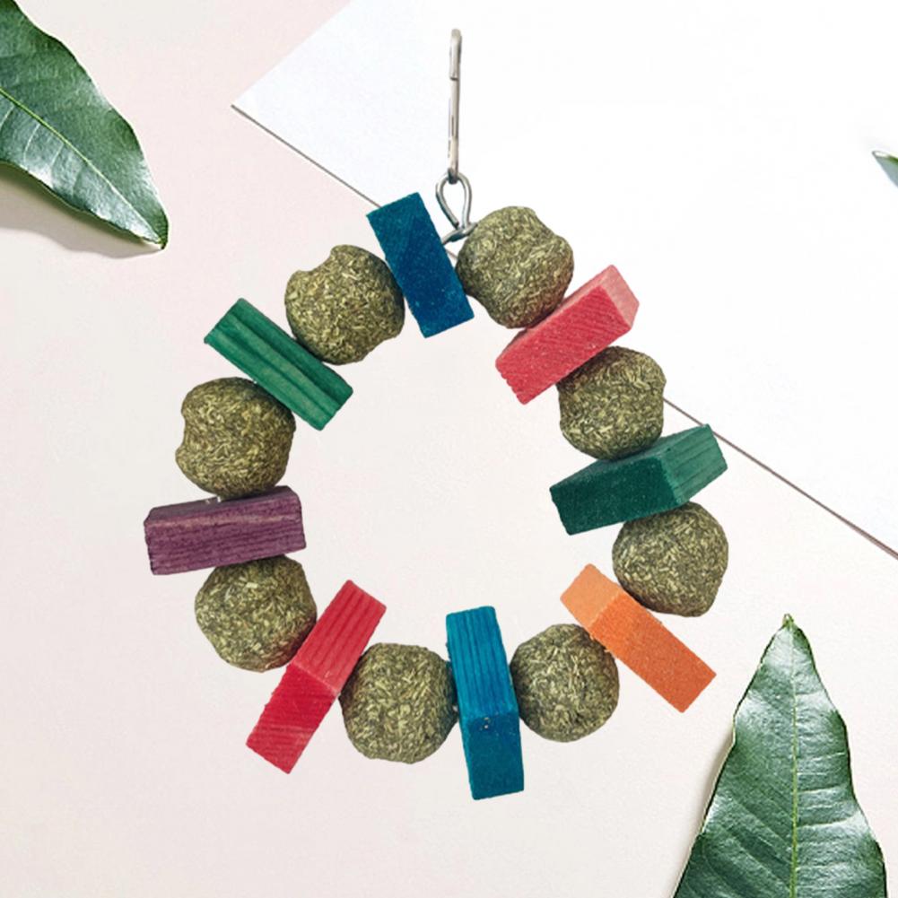 Hamster Chew Toy with Hanging Hook Natural Wood Grass Ball Rabbit Chinchilla Guinea Pig Gerbil Pet Bite Toy Decor Ring Small Ani