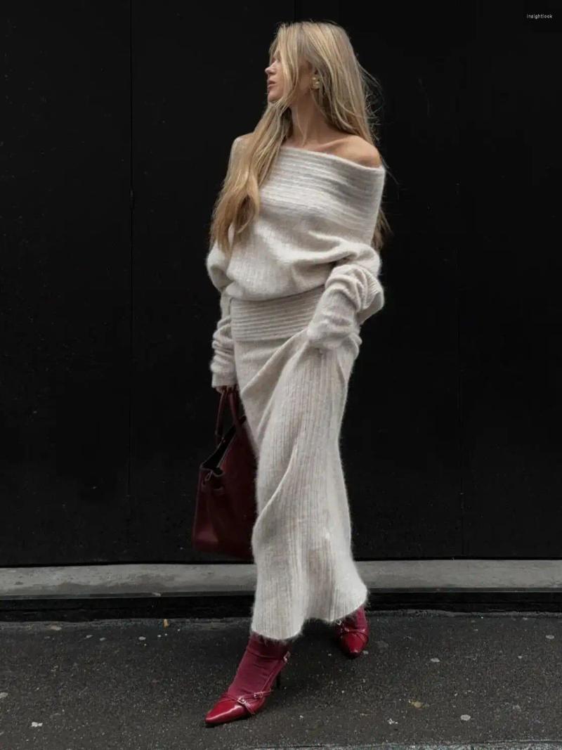 Work Dresses Off Shoulder Warm Sweater Co-ords Maxi Skirt Set Grey Melange A Line Long Sleeve Bandage Top Party Dress