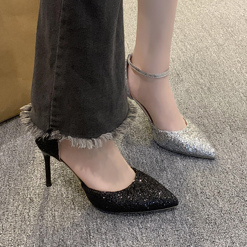 Heels High Wedding Bride Shoes New Quality 2024 Ankle Buckle Stiletto Heel Women Sier Sequins Pointed Toe Pumps Ladies 9E25