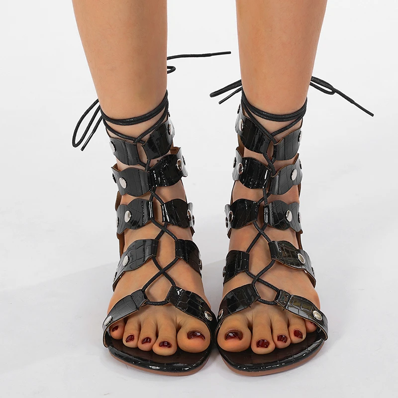 2025 new Eilyken New Design Hollow Out T-tied Lace-up Women Boots Sandals Summer Zipper Flats Heels Banquet Gladiator Shoes 8b7b