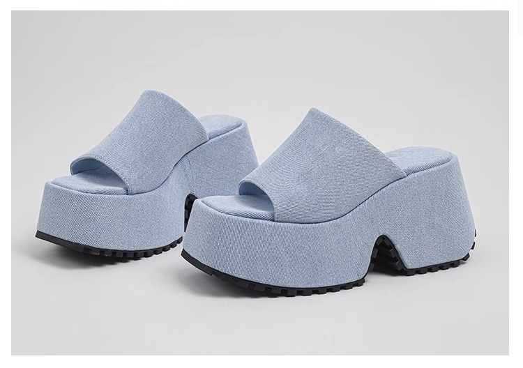 Denim Thick Sole Summer Women Slippers Modern Flat With Height Increasing Leisure Casual Outside Platform Super High Heel Shoes